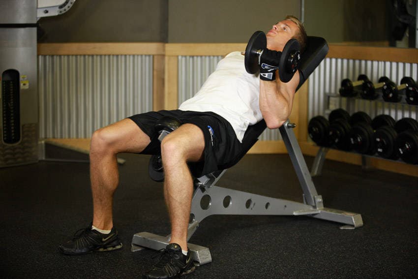 Alternate Incline Dumbbell Curl, position 1 of 2