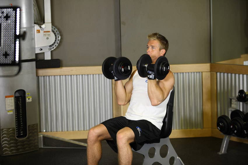 Arnold Dumbbell Press, position 1 of 2