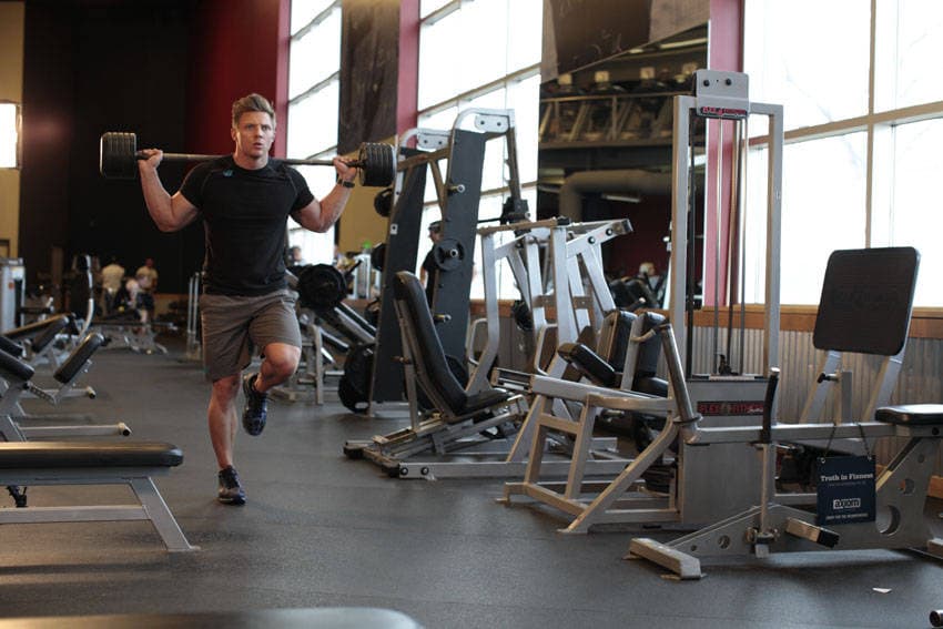 Barbell Walking Lunge, position 1 of 2