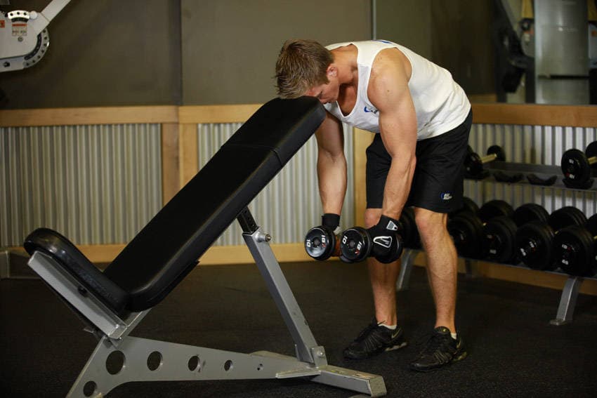 Bent Over Dumbbell Rear Delt Raise With Head On Bench, position 1 of 2