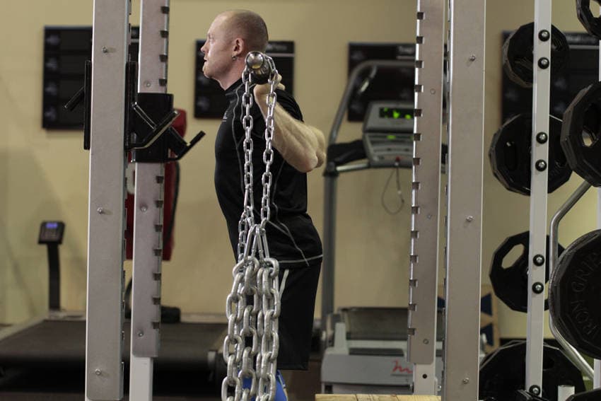 Box Squat with Chains, position 1 of 2