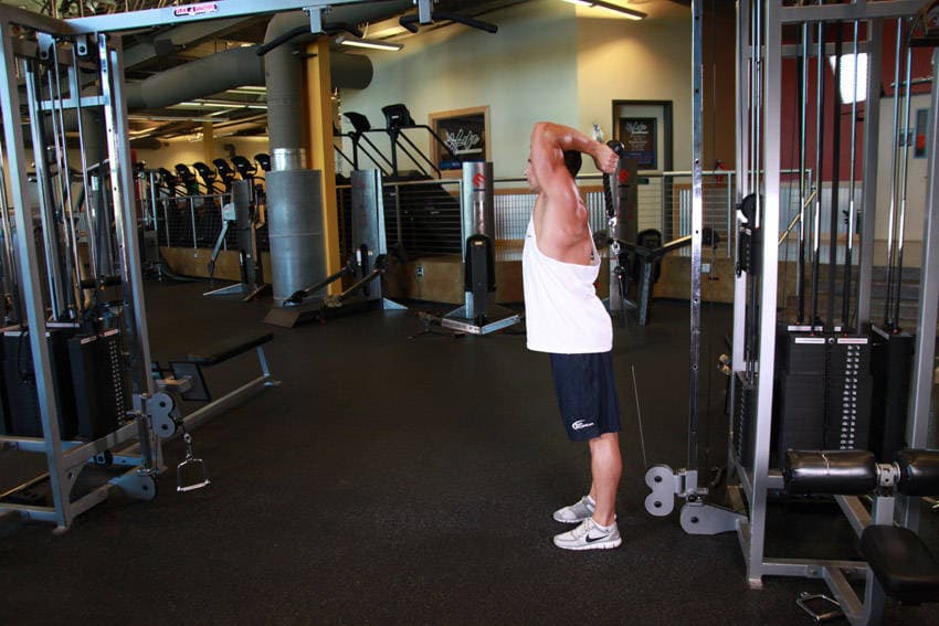 Cable Rope Overhead Triceps Extension, position 1 of 2