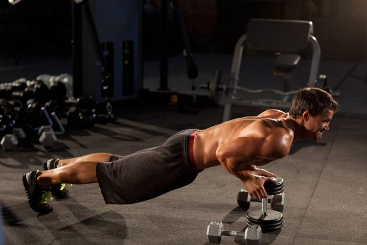 Close-Grip Push-Up off of a Dumbbell, position 2 of 2