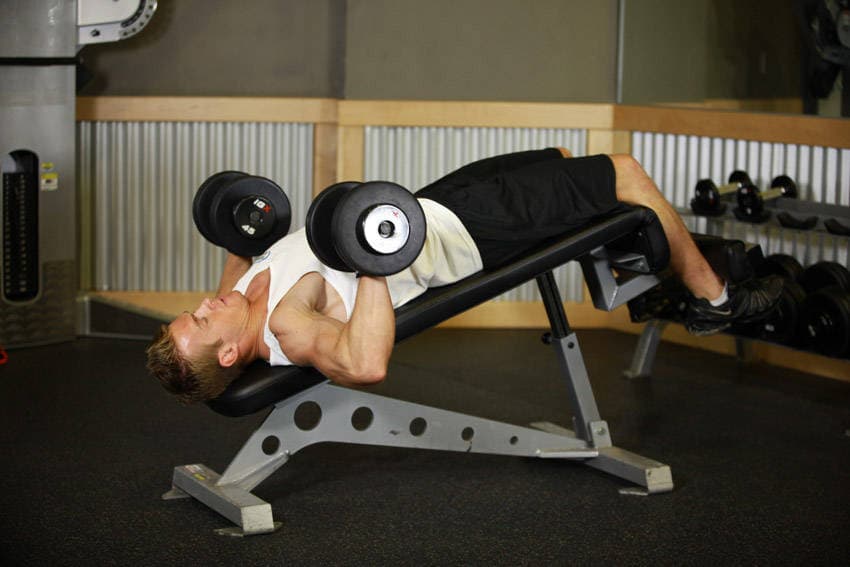 Decline Dumbbell Bench Press, position 1 of 2