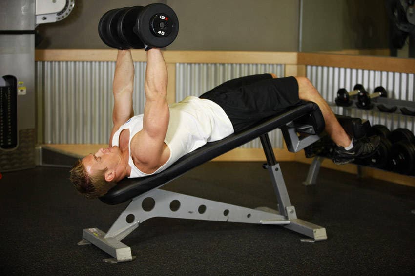 Decline Dumbbell Bench Press, position 2 of 2
