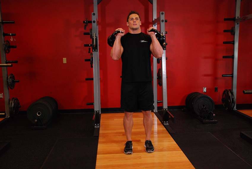 Double Kettlebell Jerk, position 1 of 2