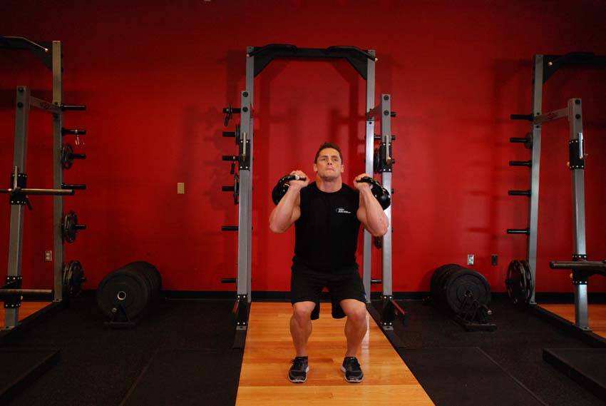 Double Kettlebell Push Press, position 2 of 2