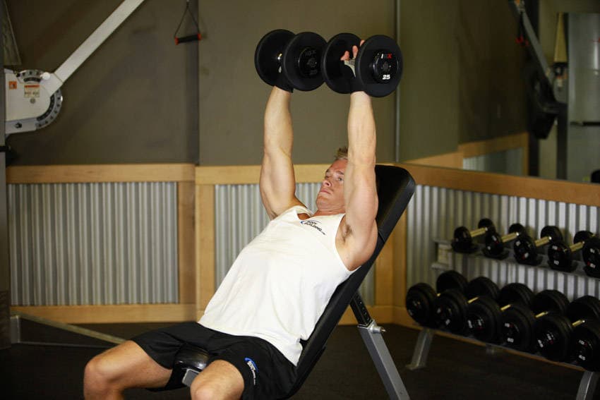 Dumbbell Incline Shoulder Raise, position 1 of 2