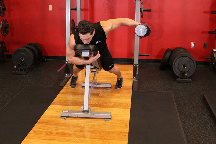 Dumbbell Lying One-Arm Rear Lateral Raise, position 2 of 2