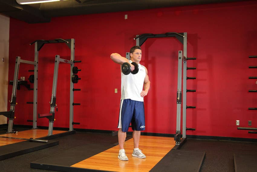 Dumbbell One-Arm Upright Row, position 1 of 2