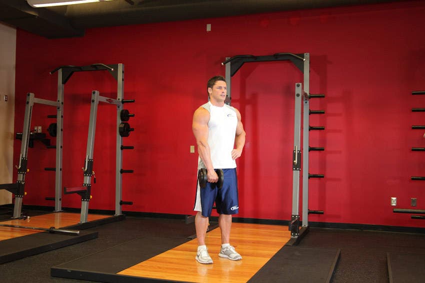 Dumbbell One-Arm Upright Row, position 2 of 2