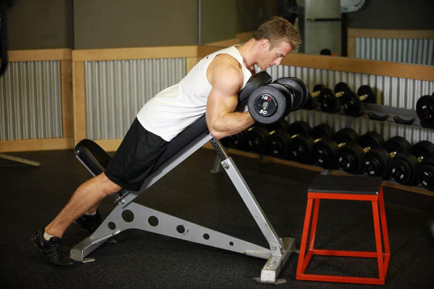 Dumbbell Prone Incline Curl, position 1 of 2