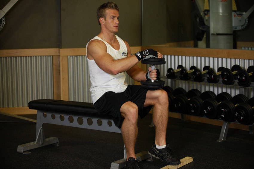 Dumbbell Seated One-Leg Calf Raise, position 1 of 2