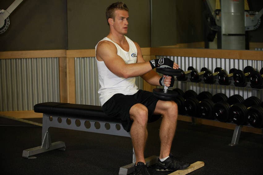 Dumbbell Seated One-Leg Calf Raise, position 2 of 2