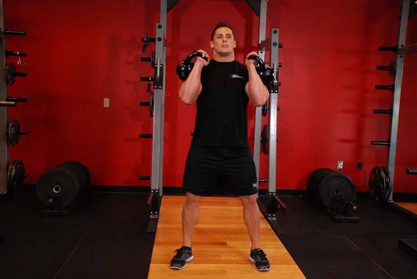 Front Squats With Two Kettlebells, position 1 of 2