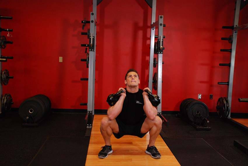 Front Squats With Two Kettlebells, position 2 of 2