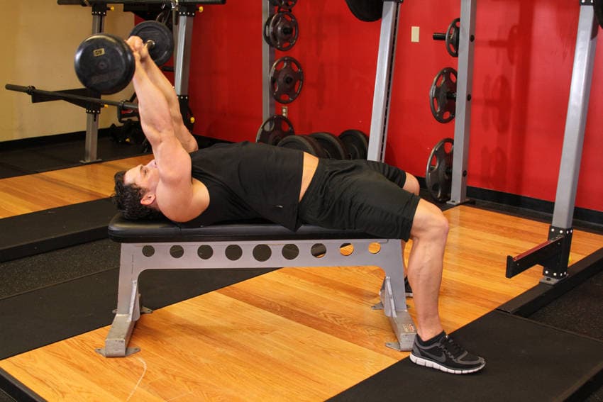 Lying Close-Grip Barbell Triceps Extension Behind The Head, position 2 of 2