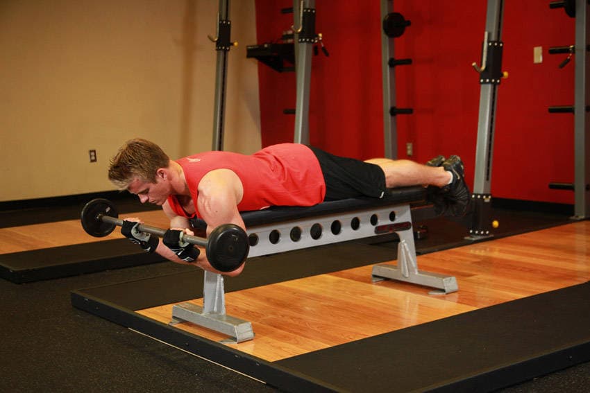 Lying High Bench Barbell Curl, position 2 of 2