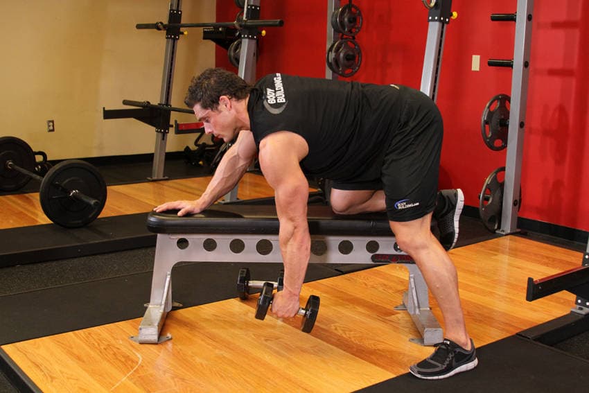 One-Arm Dumbbell Row, position 1 of 2