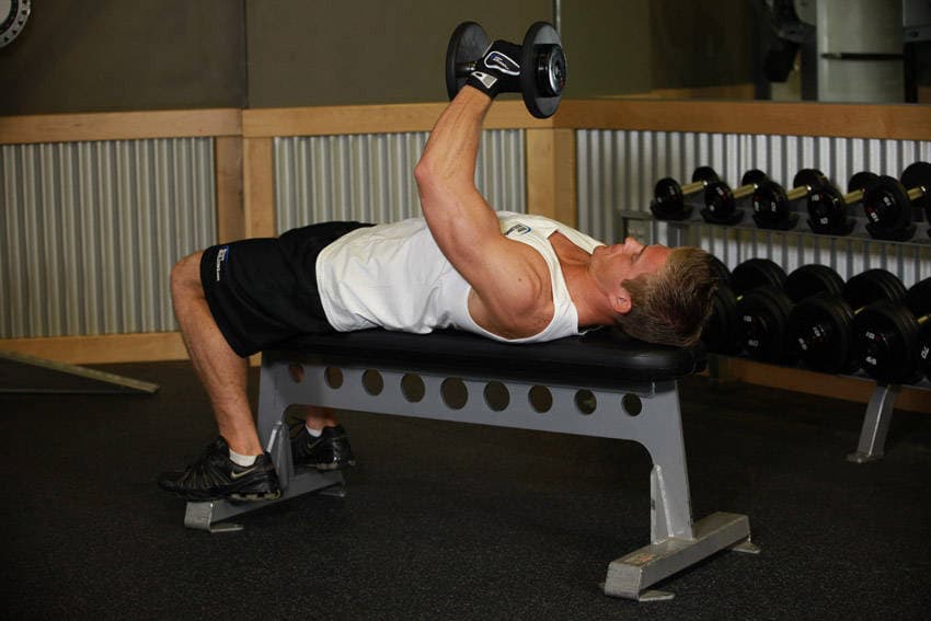 One-Arm Flat Bench Dumbbell Flye, position 2 of 2