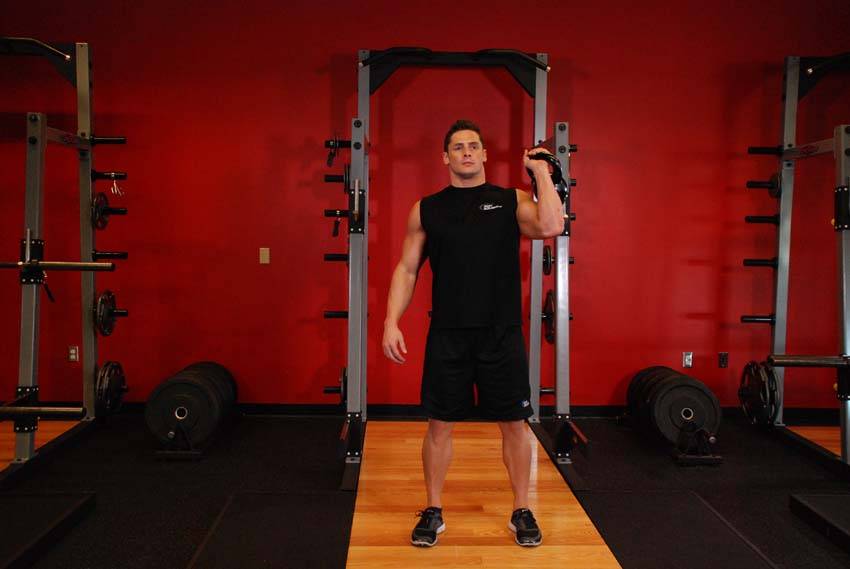One-Arm Kettlebell Push Press, position 1 of 2