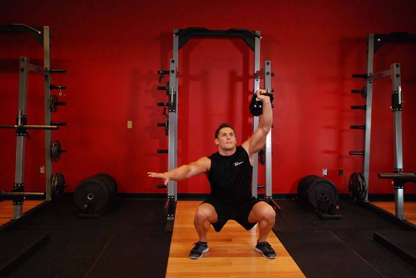 One-Arm Overhead Kettlebell Squats, position 2 of 2