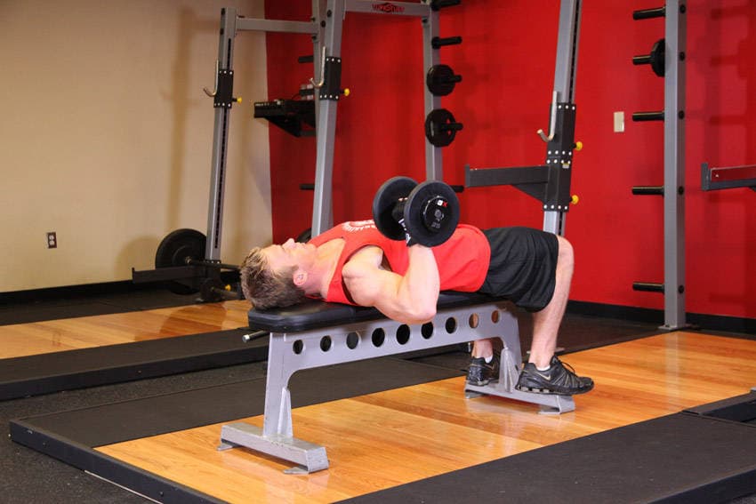 One Arm Dumbbell Bench Press, position 1 of 2