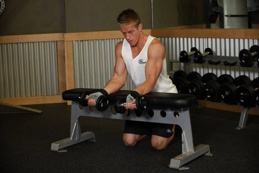 Palms-Up Dumbbell Wrist Curl Over A Bench, position 1 of 2