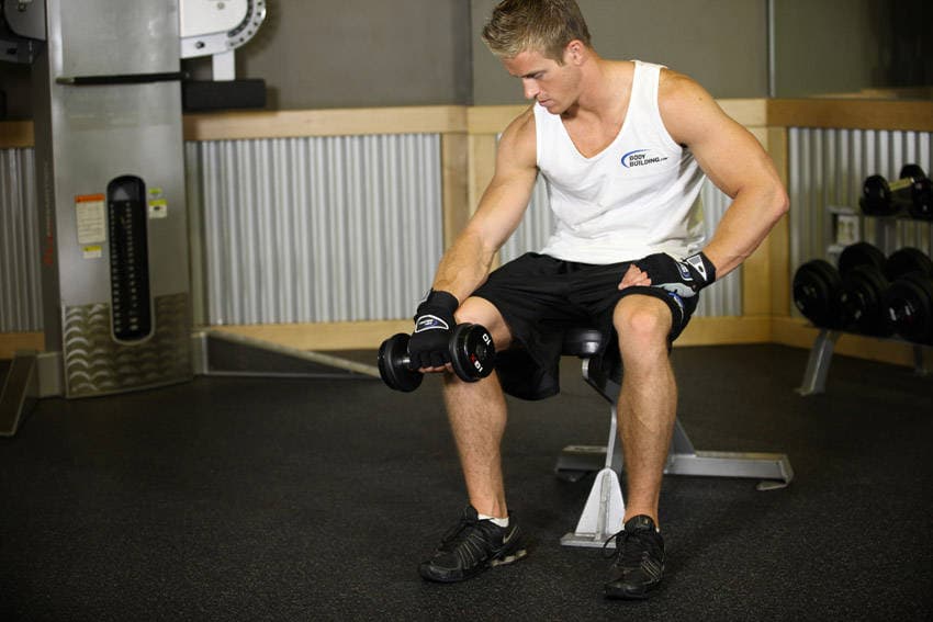 Seated One-Arm Dumbbell Palms-Down Wrist Curl, position 1 of 2
