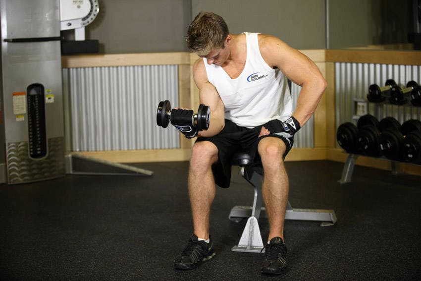 Seated One-Arm Dumbbell Palms-Up Wrist Curl, position 2 of 2