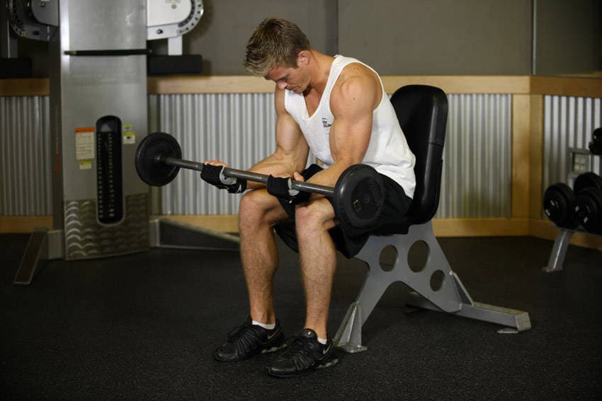 Seated Palm-Up Barbell Wrist Curl, position 2 of 2