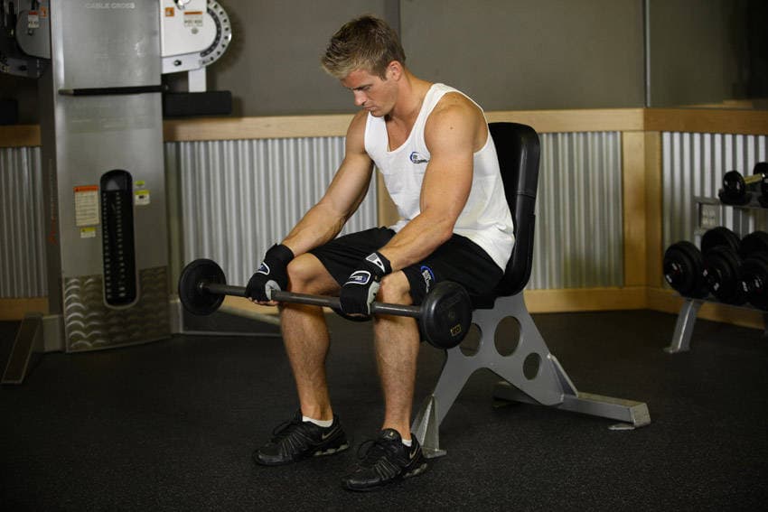 Seated Palms-Down Barbell Wrist Curl, position 1 of 2