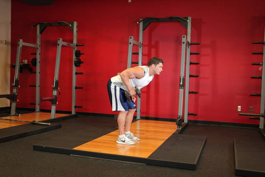 Standing Bent-Over One-Arm Dumbbell Triceps Extension, position 1 of 2
