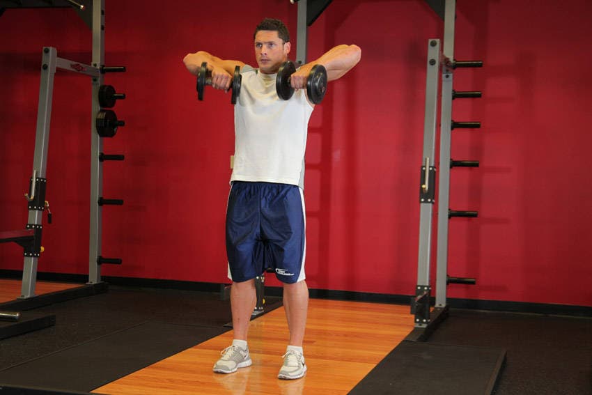 Standing Dumbbell Upright Row, position 1 of 2