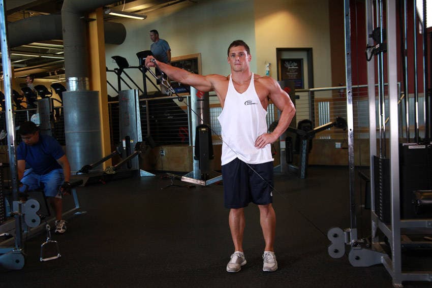 Standing Low-Pulley Deltoid Raise, position 1 of 2