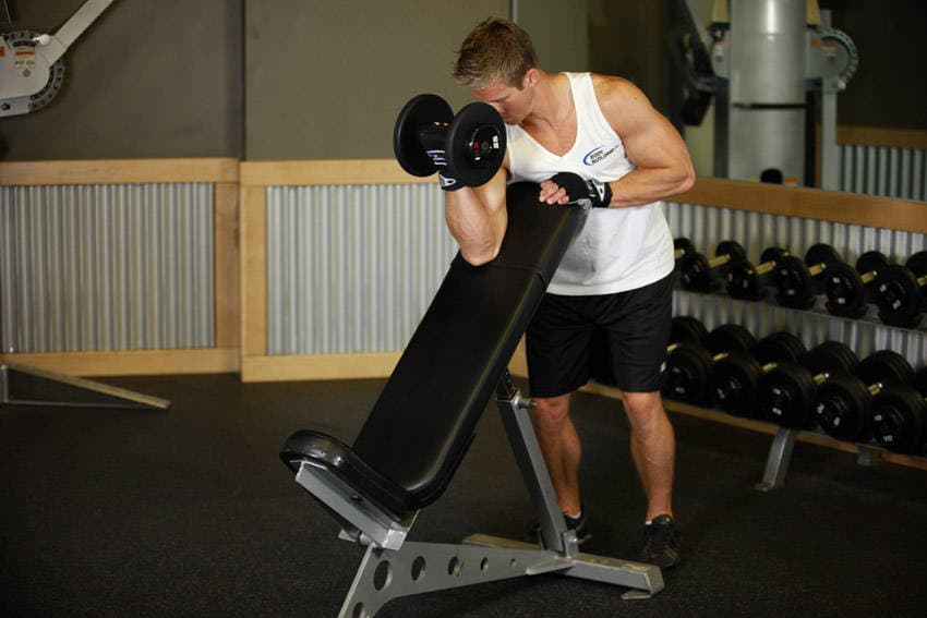 Standing One-Arm Dumbbell Curl Over Incline Bench, position 2 of 2