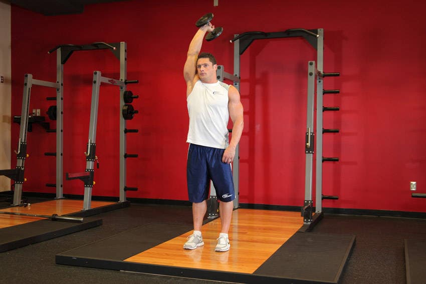 Standing One-Arm Dumbbell Triceps Extension, position 1 of 2