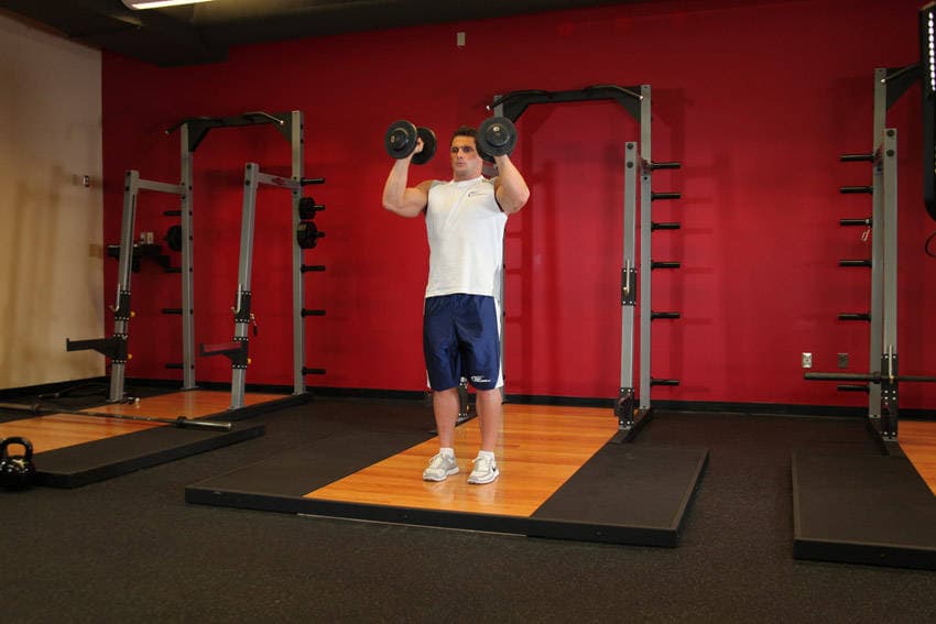 Standing Palms-In Dumbbell Press, position 2 of 2