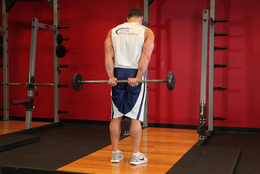 Standing Palms-Up Barbell Behind The Back Wrist Curl, position 1 of 2
