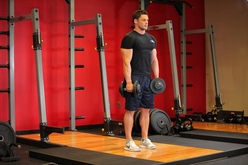Stiff-Legged Dumbbell Deadlift, position 1 of 2