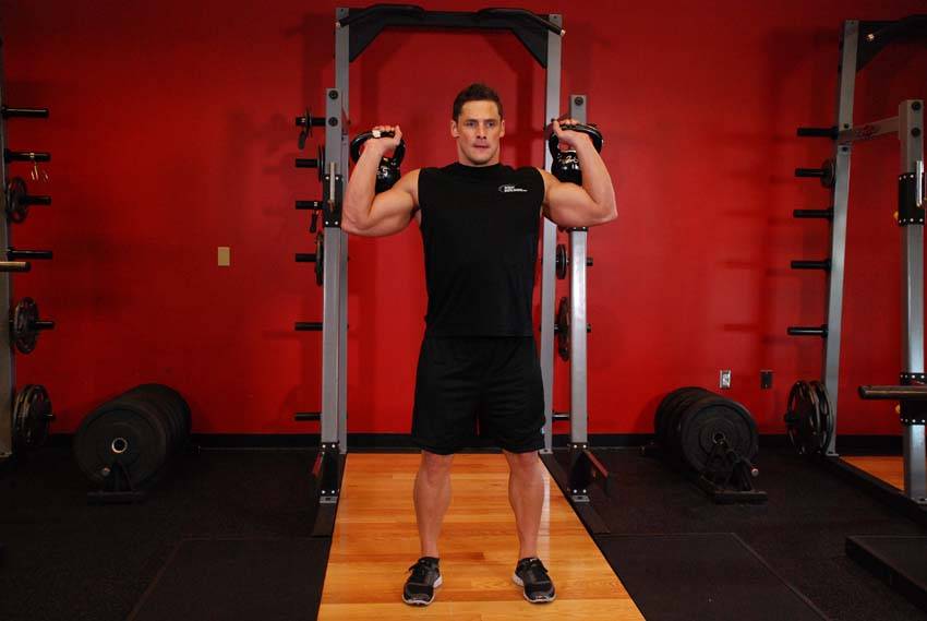 Two-Arm Kettlebell Military Press, position 1 of 2