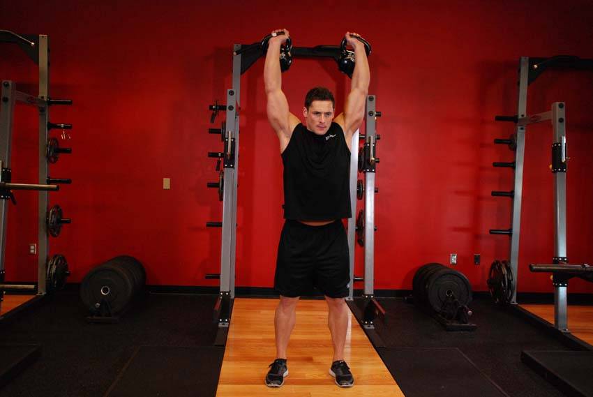 Two-Arm Kettlebell Military Press, position 2 of 2