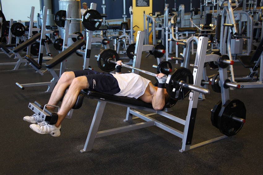 Wide-Grip Decline Barbell Bench Press, position 2 of 2