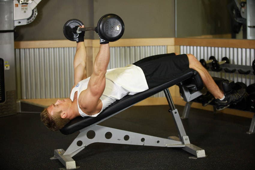Wide-Grip Decline Barbell Pullover, position 1 of 2