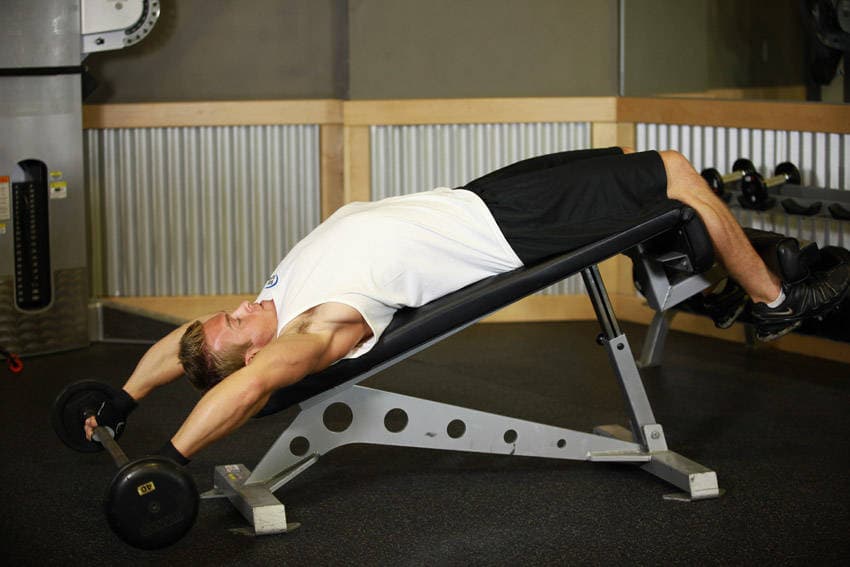 Wide-Grip Decline Barbell Pullover, position 2 of 2